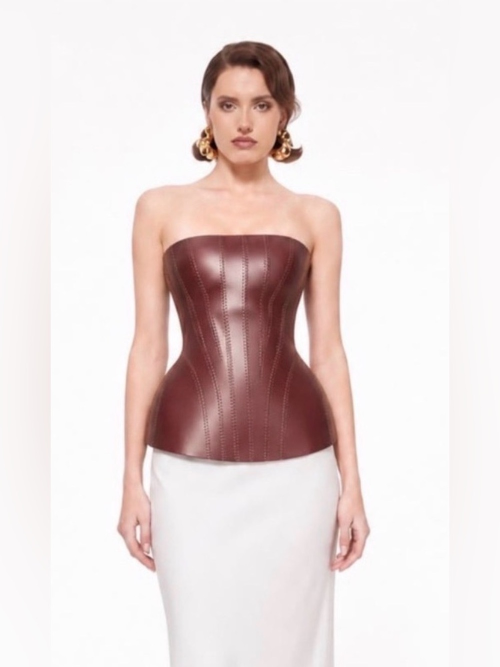 Strapless Brown Leather Corset Top with White Maxi Skirt